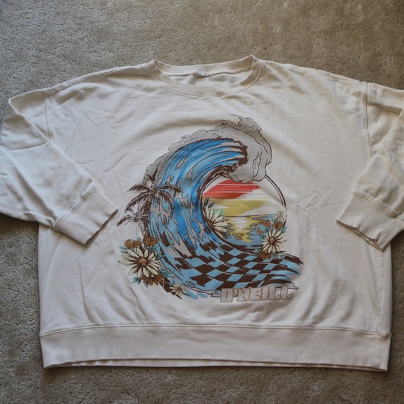 O'Neill White Sweatshirt with Blue Wave and Sunset Graphic - Picture 1 of 3